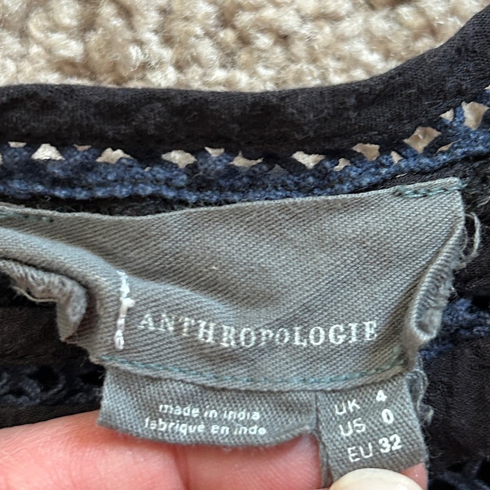 Anthropologie Black Navy Salma Embroidered Lined Peasant Blouse Size 0 - Picture 9 of 12